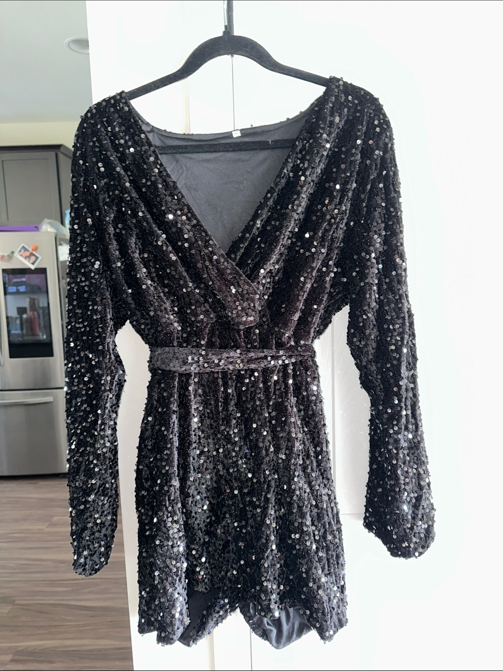 Black Sequin Wrap Romper with Belted Waist